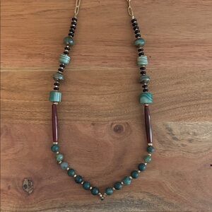 Green and Brown Beaded Necklace with Gold Chain Accent